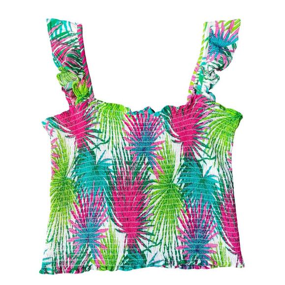 Rose + Olive Smocked Palm Leaf Print Ruffle Strap Tank Top - Size Medium - Picture 3 of 9